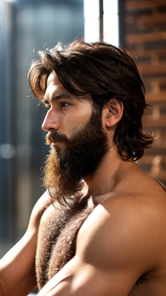 A 35-year-old man, with dark brown, wavy hair, cut short and neat. Your eyes are a deep brown, reflecting a mix of determination and vulnerability. he has a well-trimmed beard, which adds an air of maturity to your face. Your skin is slightly tanned,