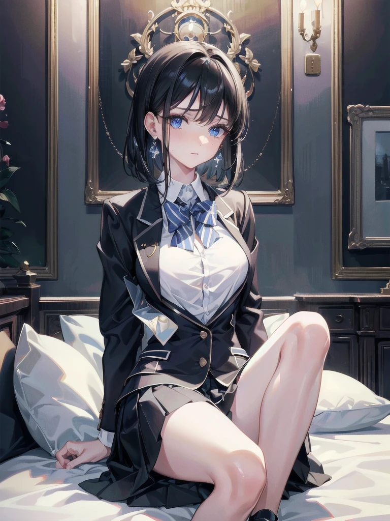 absurdres, RAW photo, extremely delicate and beautiful, masterpiece, Best Quality, ultra high resolution, 32k, hyperrealistic, ultra-detailed, in her 20s, delicate facial features, beautiful detailed girl, tearful mole, earring, medium breasts, full body shot, medium hair, black hair, school_uniform, blazer,