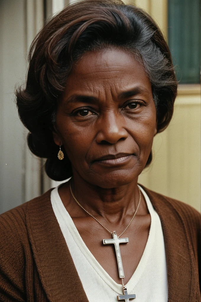 photos old lower class woman , 57-year-old Christian with a cross necklace on her neck,  BROWN SKIN, muscular, round face and upturned nose with a mole on the left cheek in New York, dressed in the clothes that were worn in 1979