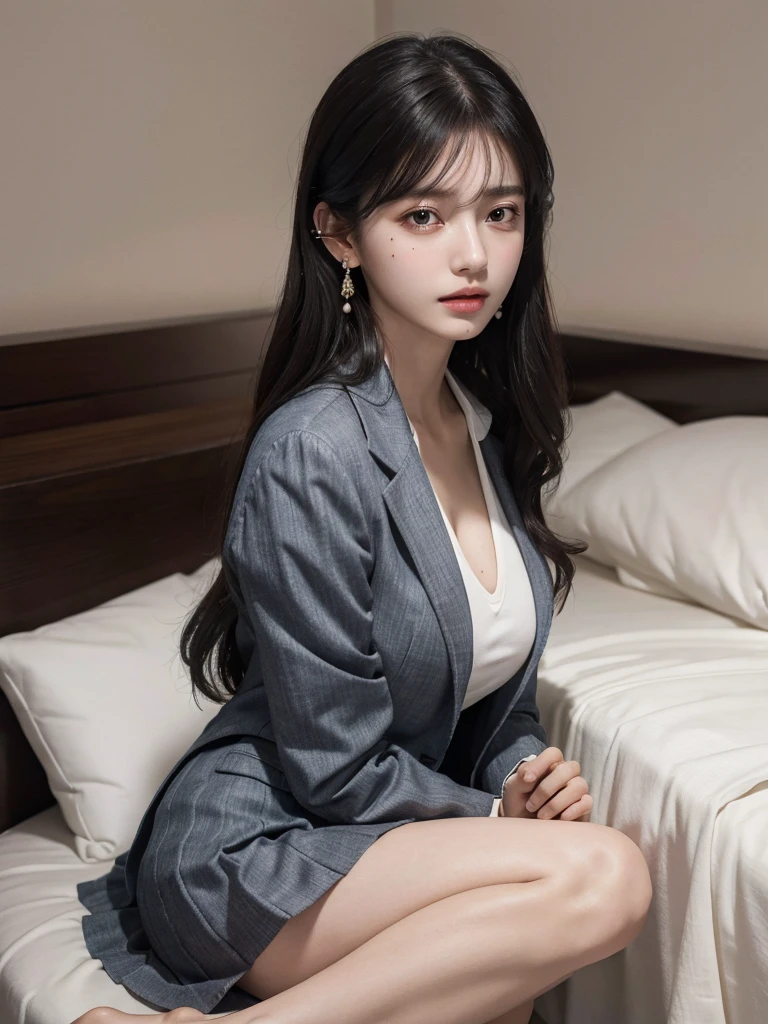 absurdres, RAW photo, extremely delicate and beautiful, masterpiece, Best Quality, ultra high resolution, 32k, hyperrealistic, ultra-detailed, in her 20s, delicate facial features, beautiful detailed girl, tearful mole, earring, medium breasts, full body shot, medium hair, black hair, school_uniform, blazer,