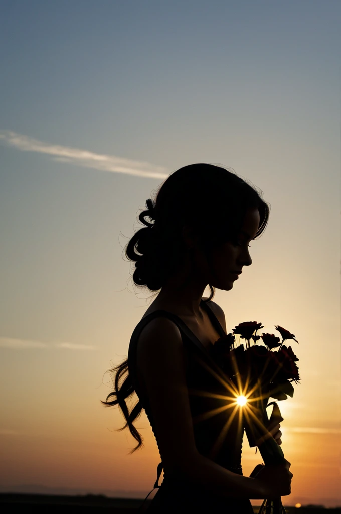 Black silhouette of a woman holding a bouquet 