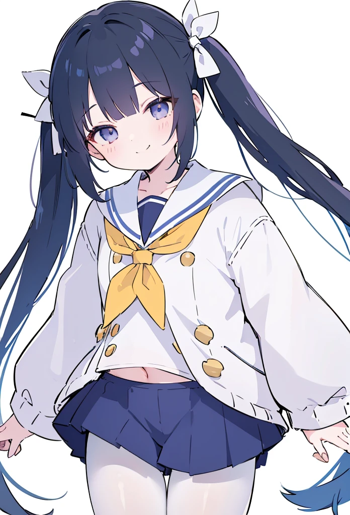 highres,ultra detailed,1girl,ponto nei,black hair,hair ribbon,hair ribbon,blue hair,grey eyes,low twintails,hair ornament,skin fang,sailor collar,neckerchief,white pantyhose,blue shorts,purple jacket,white background,smile,closed eyes,bent over,
