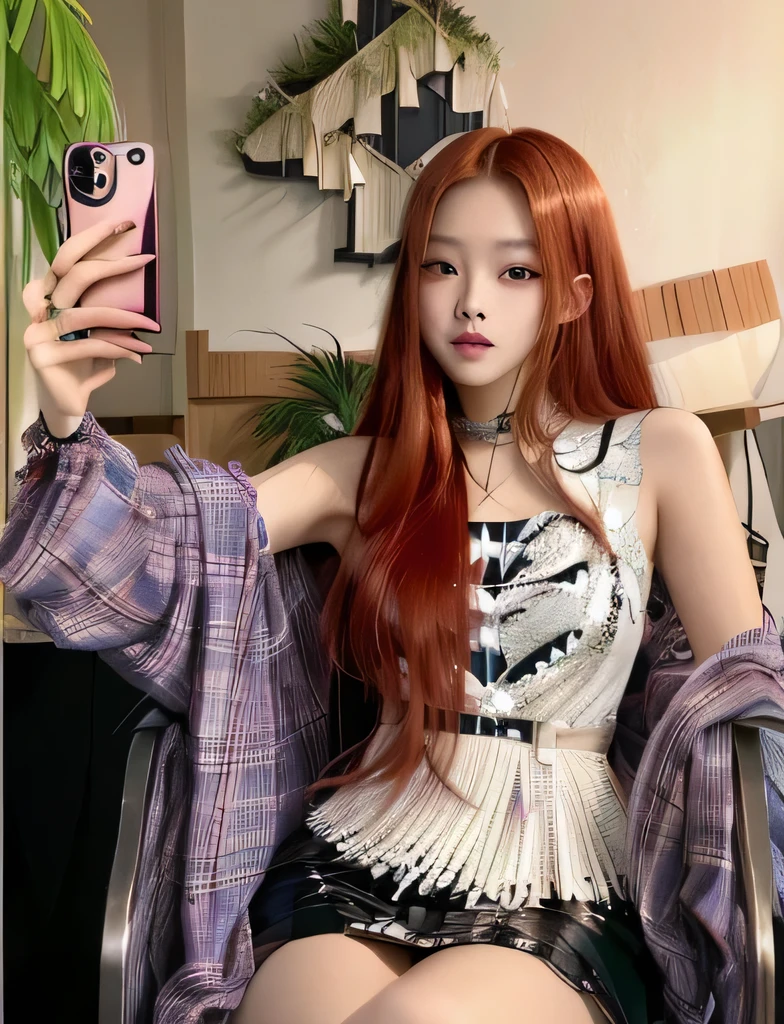 there is a woman sitting in a chair taking a picture of herself, jisoo from blackpink, portrait of jossi of blackpink, portrait jisoo blackpink, jossi of blackpink, she has long redorange hair, jisoo of blackpink, ulzzang, long glowing red hair, long straight red hair, korean women's fashion model, with long red hair, red long hair