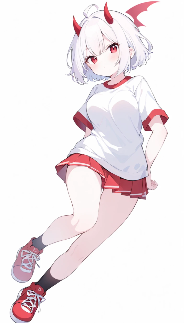 Teenage girl, devil girl, little red horns, white hair, short fluffy hair, big red eyes, pale skin, rosy cheeks, medium breasts, red cheeks, white sports shirt with a diaganal red side stripe from left to right. white background, full body