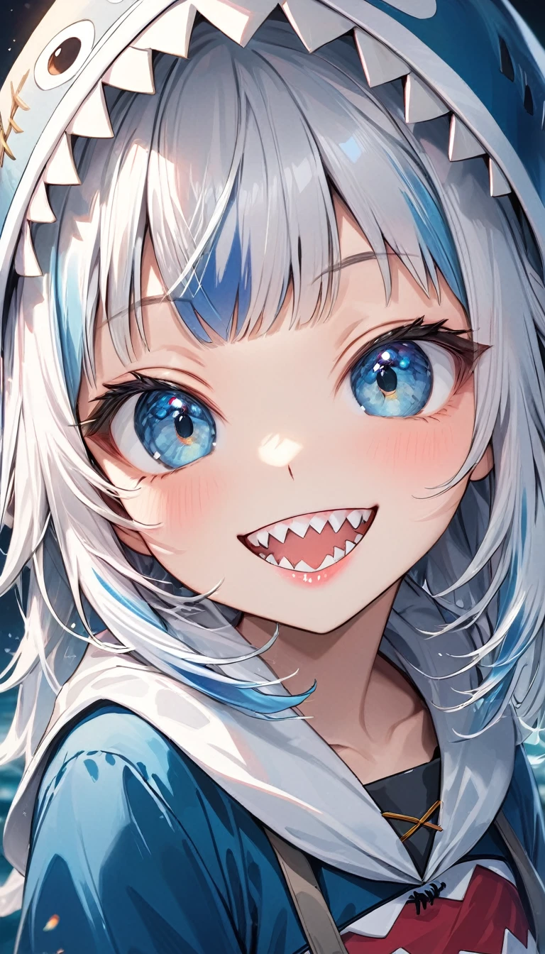 Gawr gura, costume, beautiful detailed eyes, beautiful detailed lips, extremely detailed eyes and face, sharp teeth, smile, grin, ultra-detailed