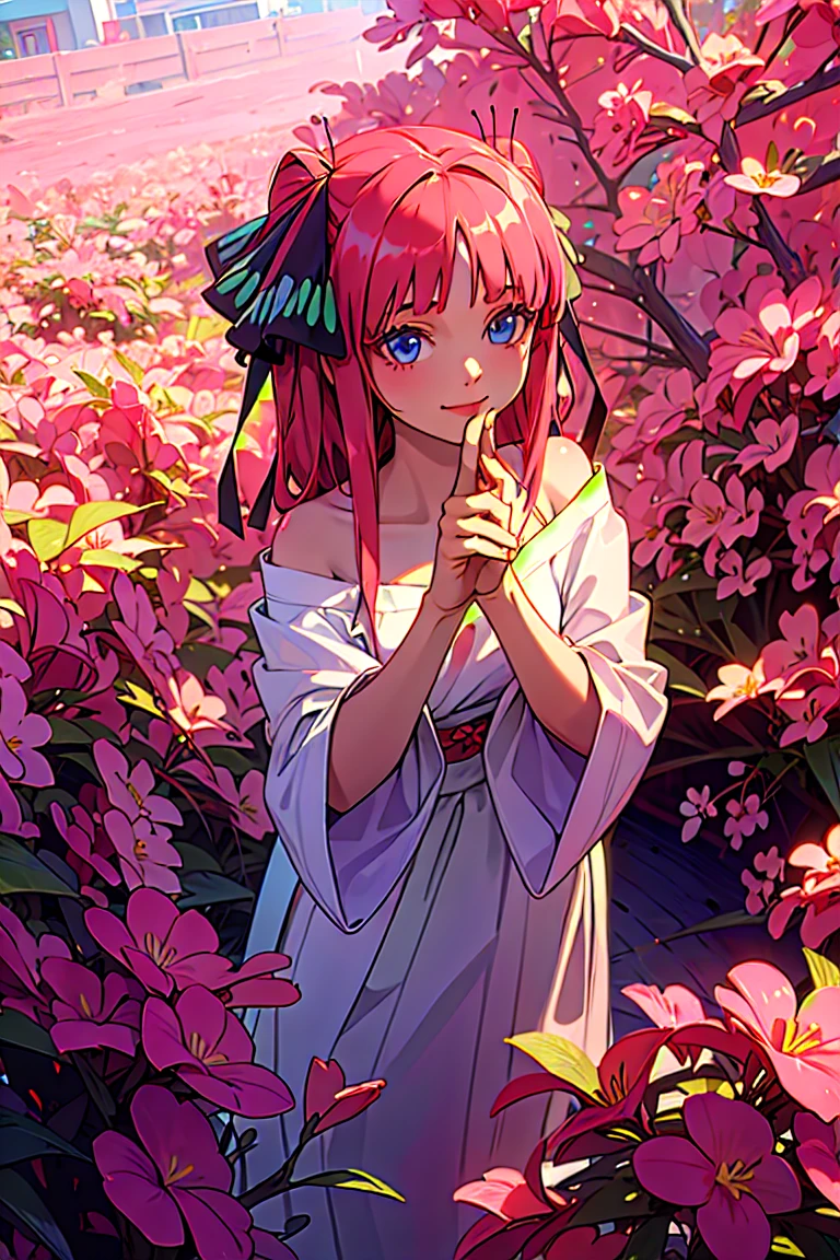 Best quality, masterpiece, ultra high res, (photorealistic:1.4), raw photo, 1girl, white dress, off shoulder, blossom flower field, glowing skin, light smile, nino nakano, pink red long hair, shoulder, blue eyes, hair ribbons, full body, among flowers, chinese princess, hair buns