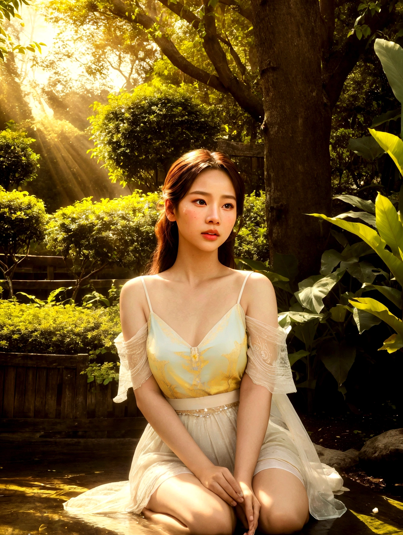 1girl, full body, cinematic lighting, beautiful detailed eyes, beautiful detailed lips, extremely detailed intricate face, delicate features, glowing skin, chiang mai background, serene expression, elegant pose, detailed flower garden, lush foliage, sunlight filtering through trees, warm color tones, photorealistic, (best quality,4k,8k,highres,masterpiece:1.2),ultra-detailed,(realistic,photorealistic,photo-realistic:1.37),vibrant colors,soft focus,dramatic lighting