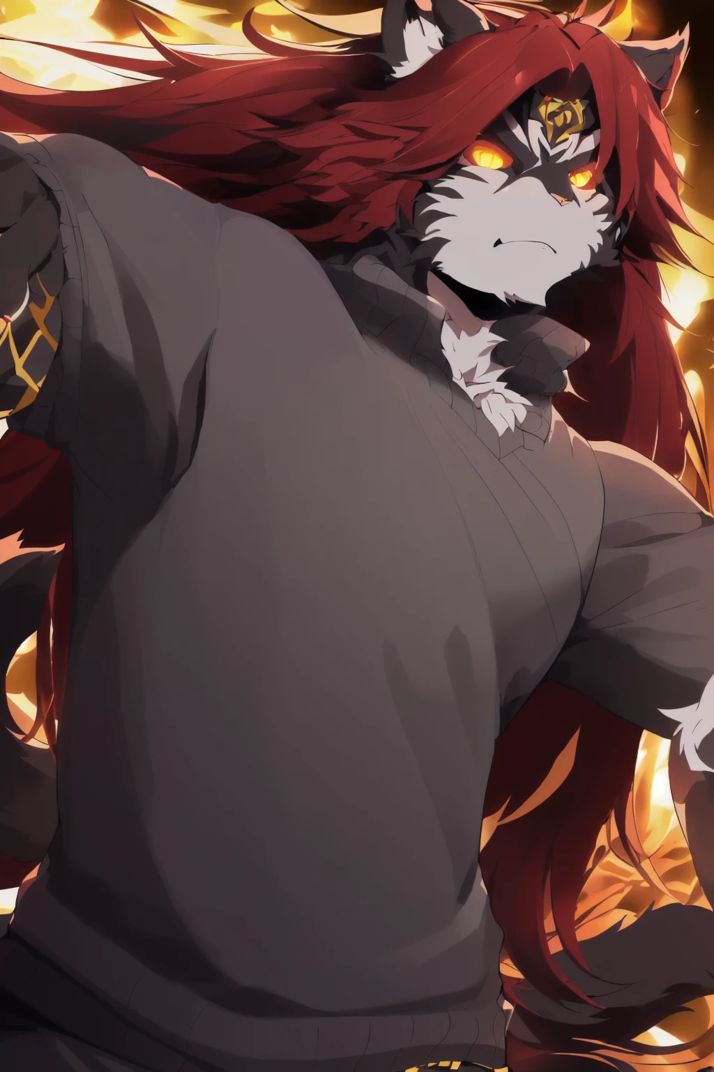 Black Night, High Resolution, 4K, Masterpiece, High Quality, Fierce, 25 Years Old, (Black Cat), Male, (Full Body: 1.4, Pose: 1.3), Cat Furry, (Young and Adult: 1.5, furry), (Fierce Face: 1.3, Wild: 1.2, Long Hair: 1.3)), (Strong Body: 1.5, Big Ears: 1.3, Thick and Long Cat Tail: 1.3), (Wearing Grey Sweater: 1.5), (Full Body Black Hair: 1.6, Wild Muscles: 1.3, Glowing Gold Eyes: 1.4, Black Long Hair: 1.6, A small pinch of red hair: 1.1, black chest: 1.6, black abdomen: 1.6, black limbs: 1.6, white cat nails: 1.3), exquisite eyes: 1.2, exquisite details, detailed body, (detailed hand details: 1.4)