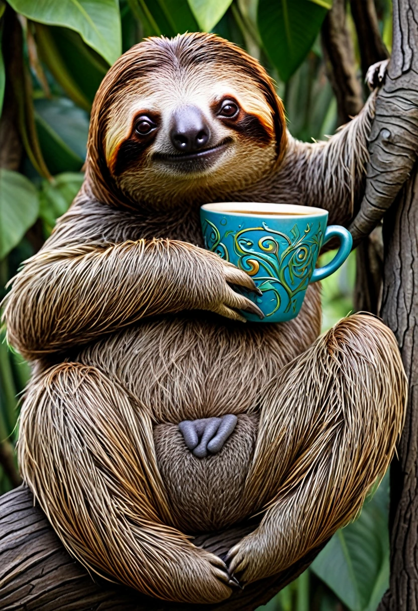 a close up of a sloth sitting on a tree branch, anthropomorphic sloth, sloth, animal sloth, unholy sloth, sloth as the king of cups, sloth stoned af, lisa parker, 🐿🍸🍋, hildebrandt, 240p, rob rey, avatar image, by Randy Gallegos, cute looking, full color digital illustration