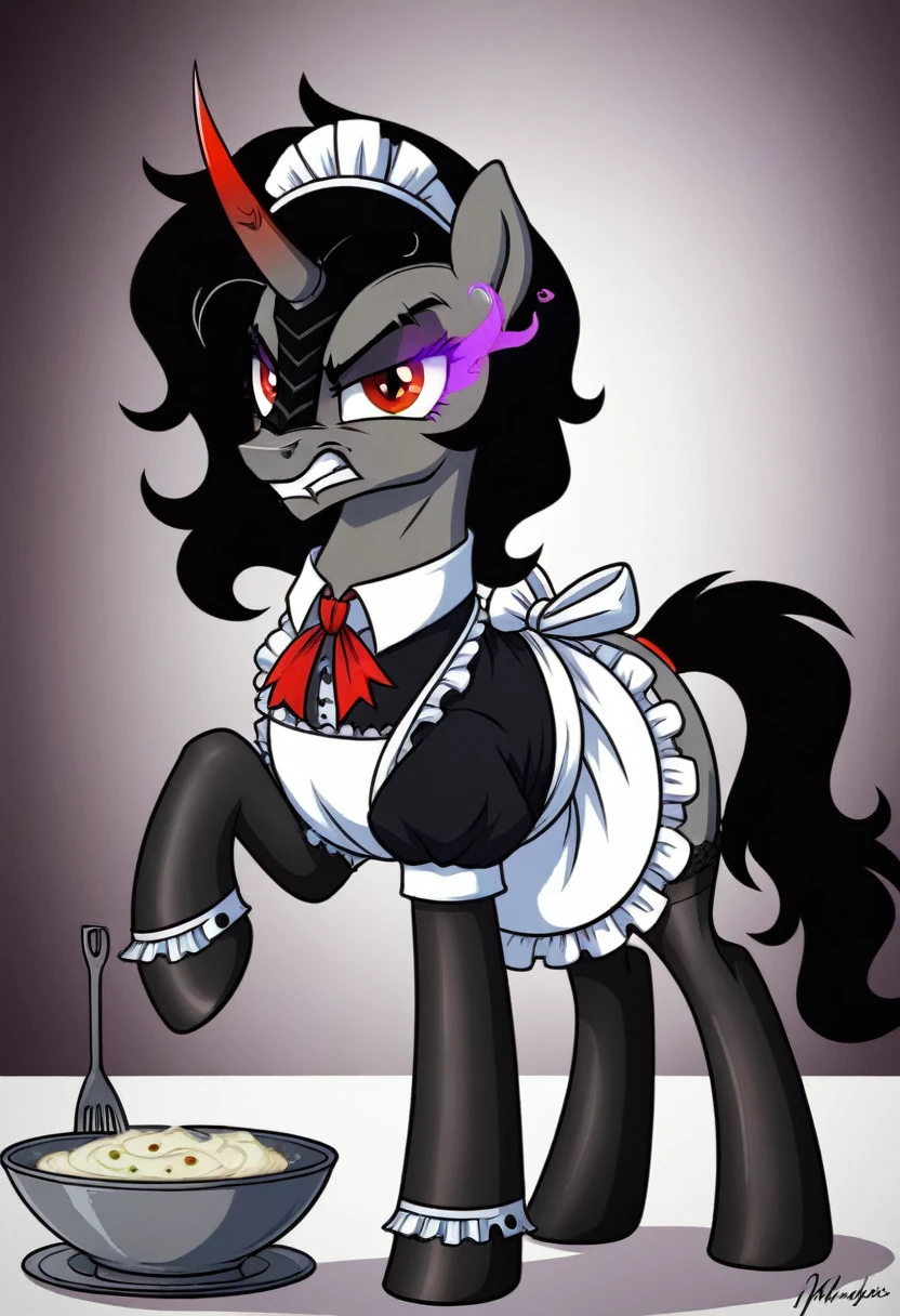 Pony . Black stocking King sombra angry in a maid's outfit, she washes dishes