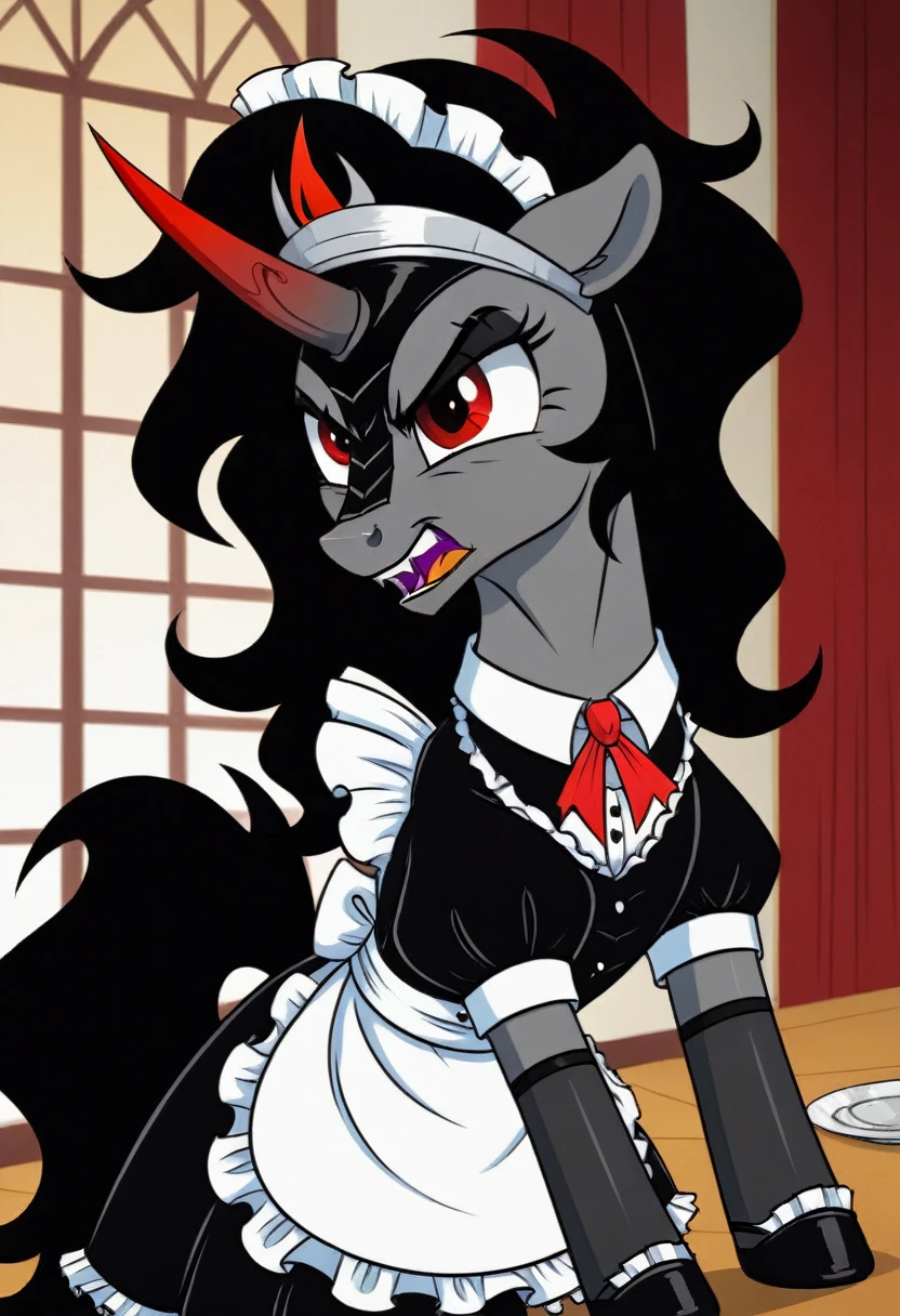 Pony . Black stocking King sombra angry in a maid's outfit, she washes dishes