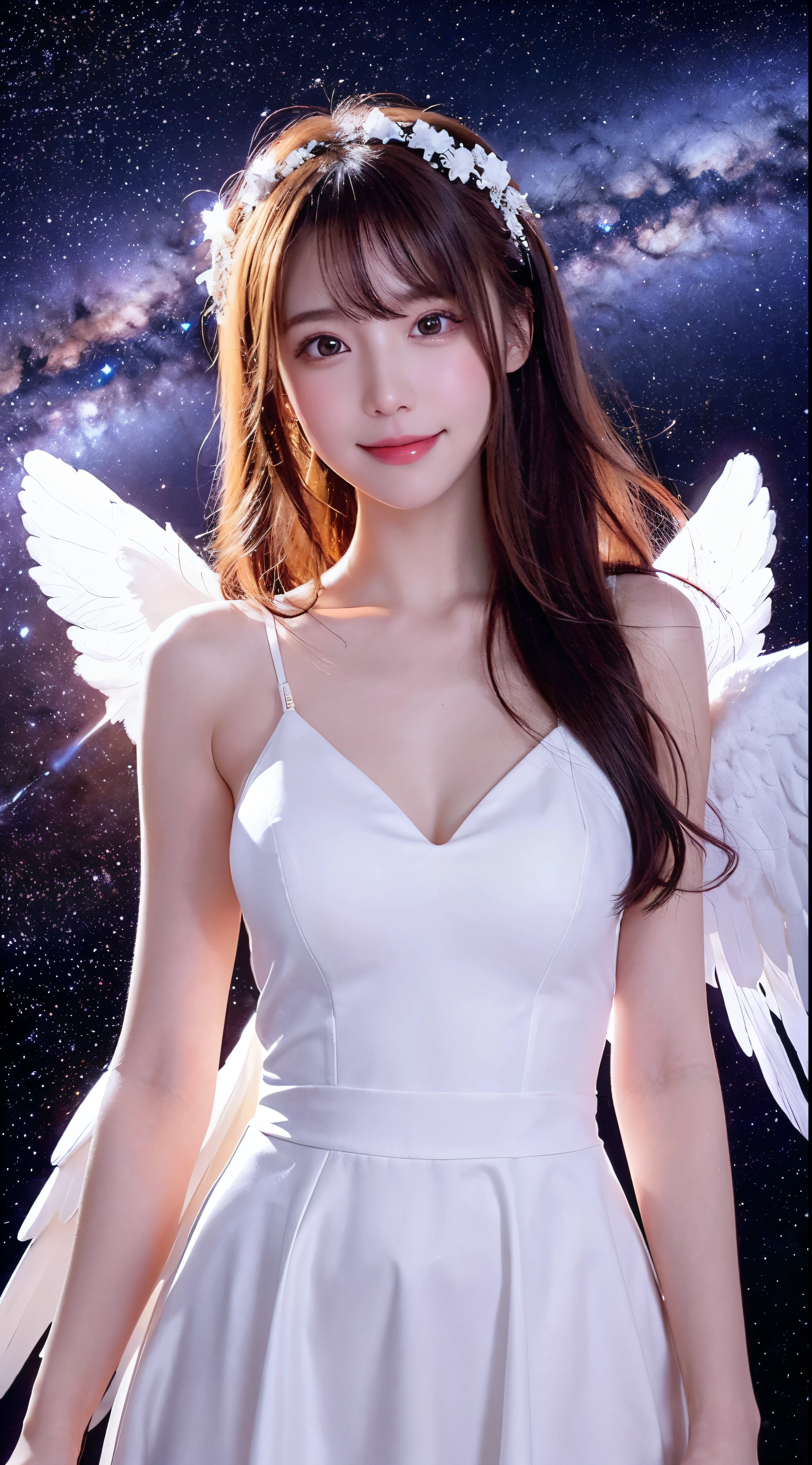 with high definition images，angel images，Beautiful coloraroon hair、Smile、White angel wings、Golden halo、White dress with white wings、upright、universe space、Milky Way in the background、遠くのstar、Upper Body、star々The brilliance。Facial details
