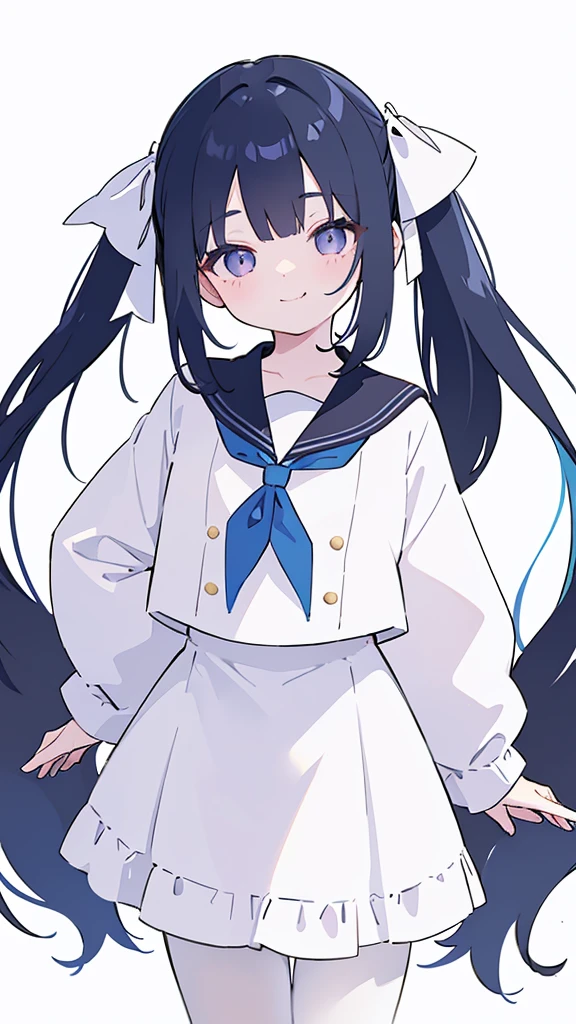 highres,ultra detailed,1girl,ponto nei,black hair,hair ribbon,hair ribbon,blue hair,grey eyes,low twintails,hair ornament,skin fang,sailor collar,neckerchief,white pantyhose,blue shorts,purple jacket,white background,smile,closed eyes,bent over,