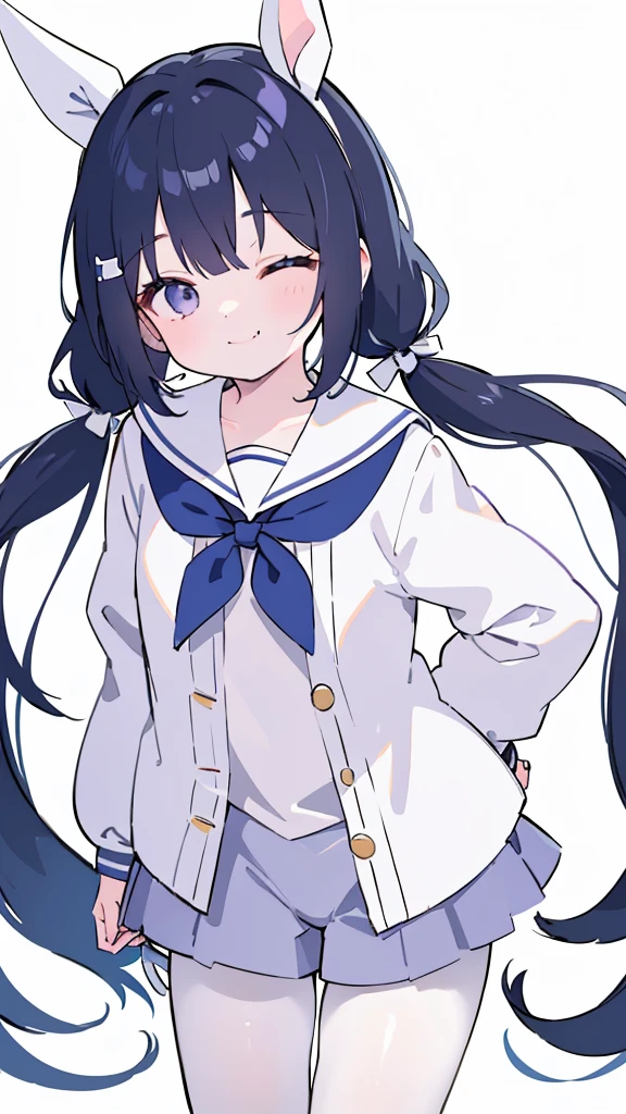 highres,ultra detailed,1girl,ponto nei,black hair,hair ribbon,hair ribbon,blue hair,grey eyes,low twintails,hair ornament,skin fang,sailor collar,neckerchief,white pantyhose,blue shorts,purple jacket,white background,smile,closed eyes,bent over,