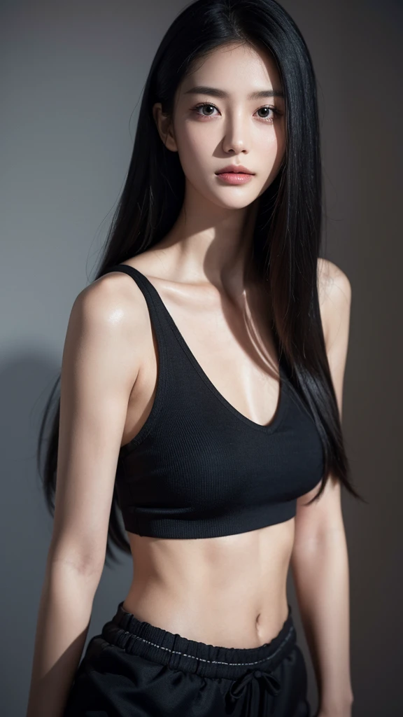 Quiet,Light makeup,Sexy,Peerless Beauty,Intellectual,clavicle,Neat long hair,Black Hair,Delicate face,Exquisite facial features,Natural expression,Natural eyes,sexy blue sports shorts