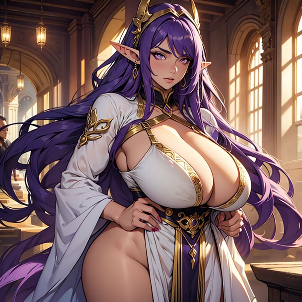 Beautiful woman , very long hair, elf ears , purple hair , golden eyes , big bust , light skin , mature woman ,huge breasts,voluptuous and sexy breasts,