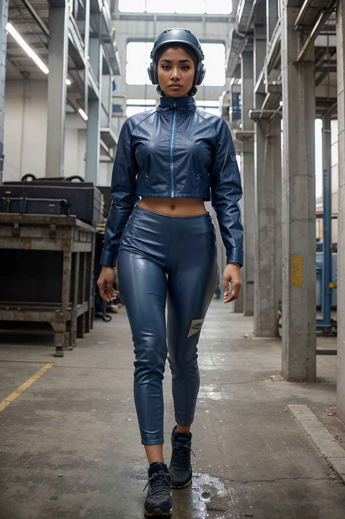 A dynamic model walking pose. The beautiful (Indonesian-Indian) mechanical-worker lady with (hijab), gamis dressed in (blue) mecha armor. Inside wearing grey leather turtle neck shirt, outside wearing an unzip blue detailed mecha-crop jacket with giant arms and fingers, big blue headphone, blue helmet. Black utility belt, grey legging. Walking stylishly in the factory with many equipments view.