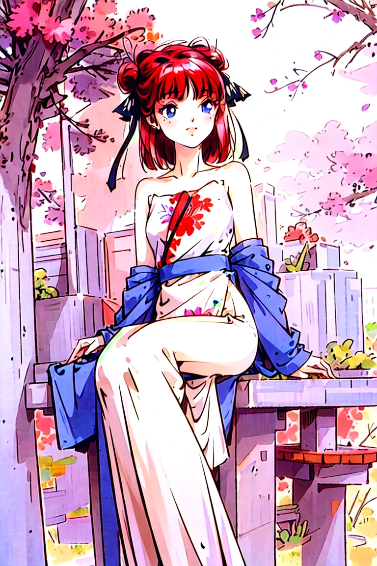 Best quality, masterpiece, ultra high res, (photorealistic:1.4), raw photo, 1girl, white dress, off shoulder, blossom flower field, glowing skin, light smile, nino nakano, pink red long hair, shoulder, blue eyes, hair ribbons, full body, laying down among flowers, chinese princess, hair buns