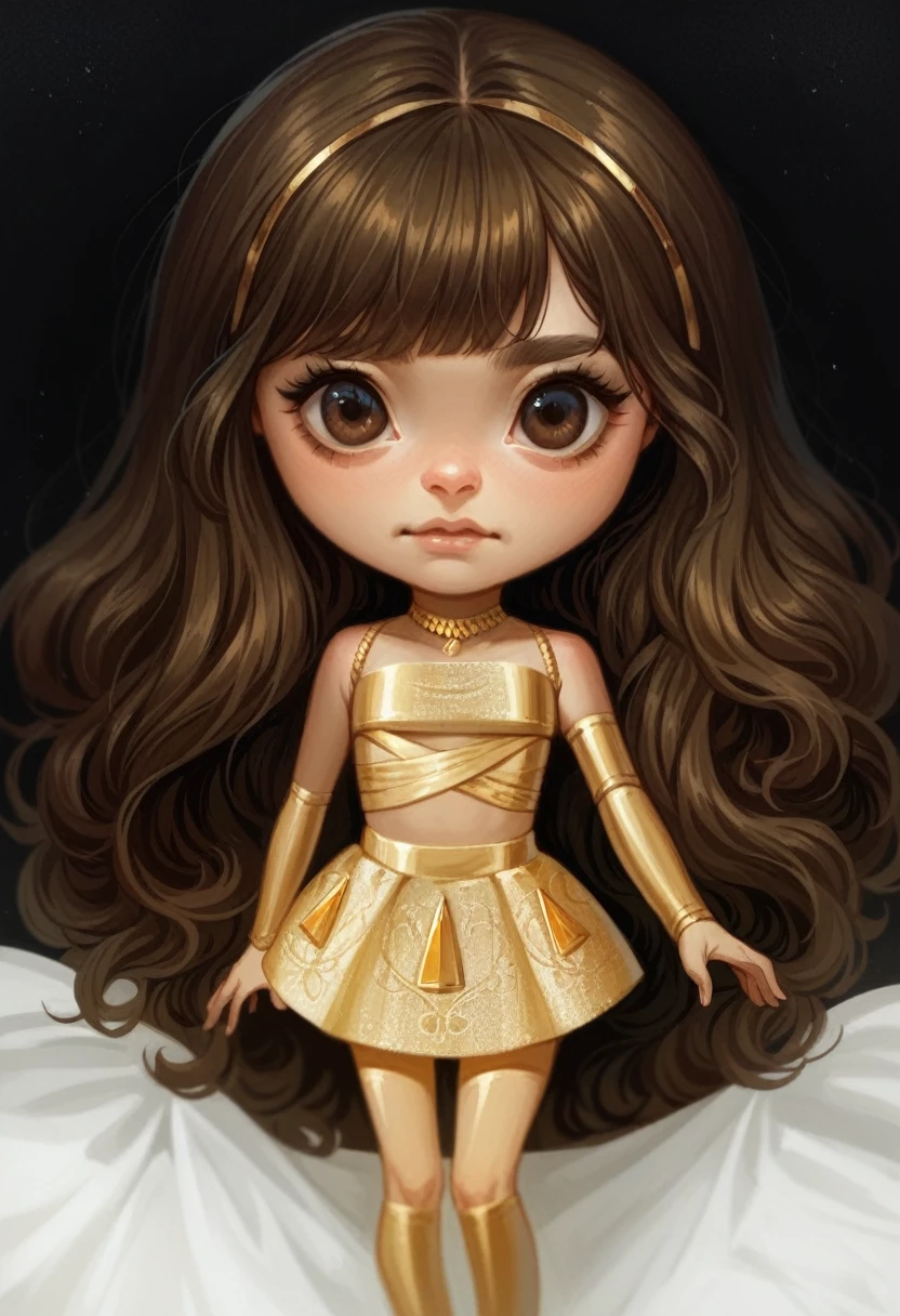 blythedoll with straight brown hair with blonde highlights, fair skin, dark brown eyes, tube top, gold jewelers, long volume lashes