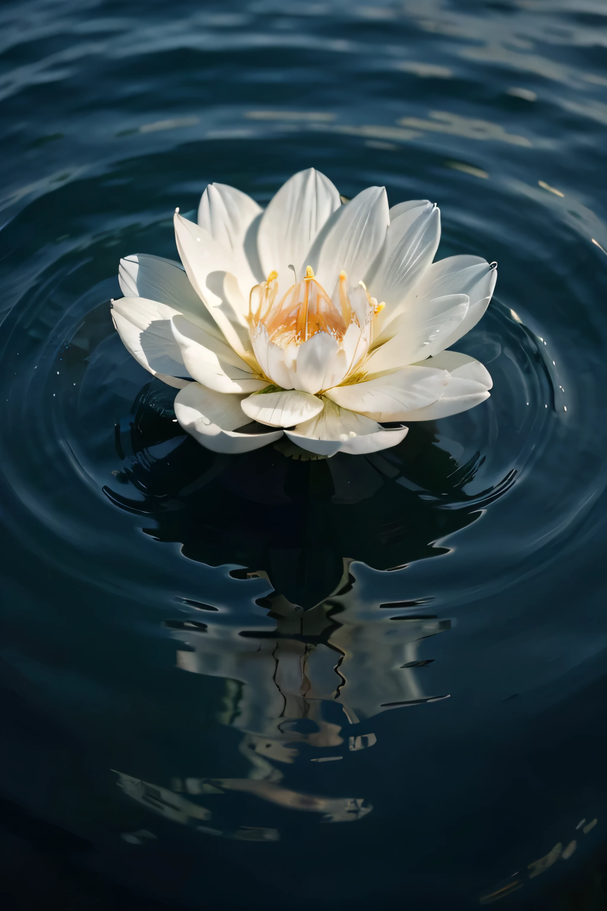 A stunning close-up portrait photograph of a delicate white flower floating on the water's surface.