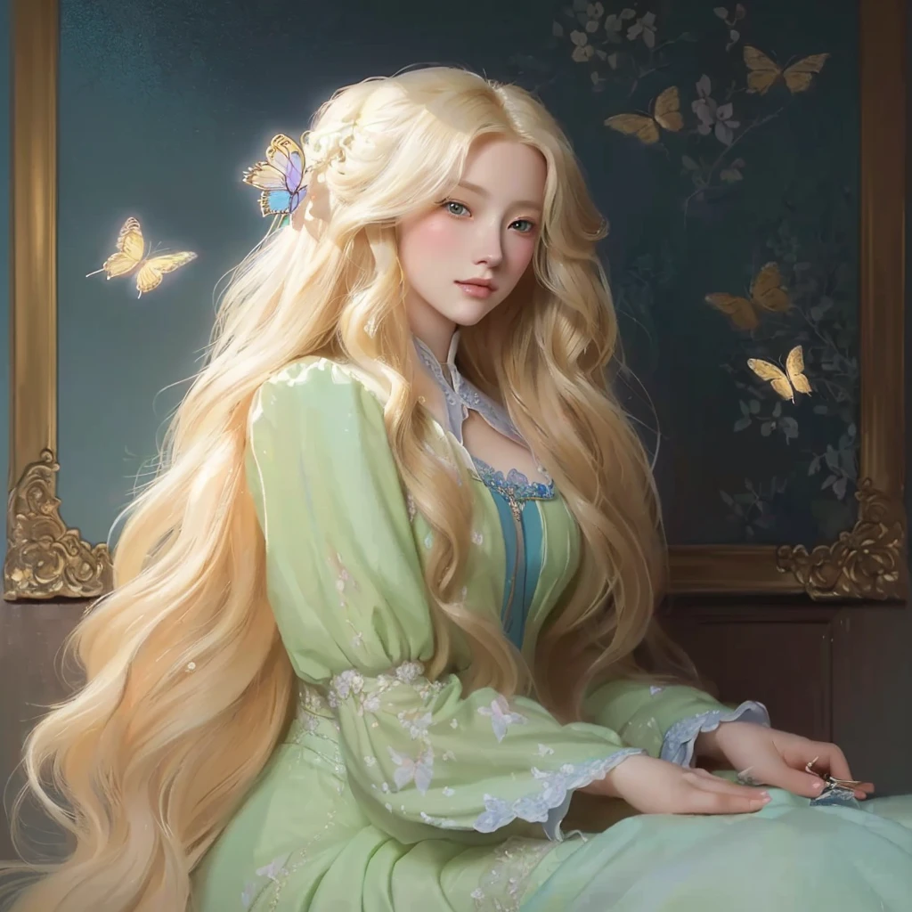 painting of a woman with long blonde hair and butterfly hair, beautiful character painting, in the art style of bowater, beautiful fantasy art portrait, blonde - haired princess, fantasy art style, artwork in the style of guweiz, beautiful fantasy art, exquisite digital illustration, elegant digital painting, by Yanjun Cheng, fantasy style art, beautiful fantasy maiden, fantasy victorian art
