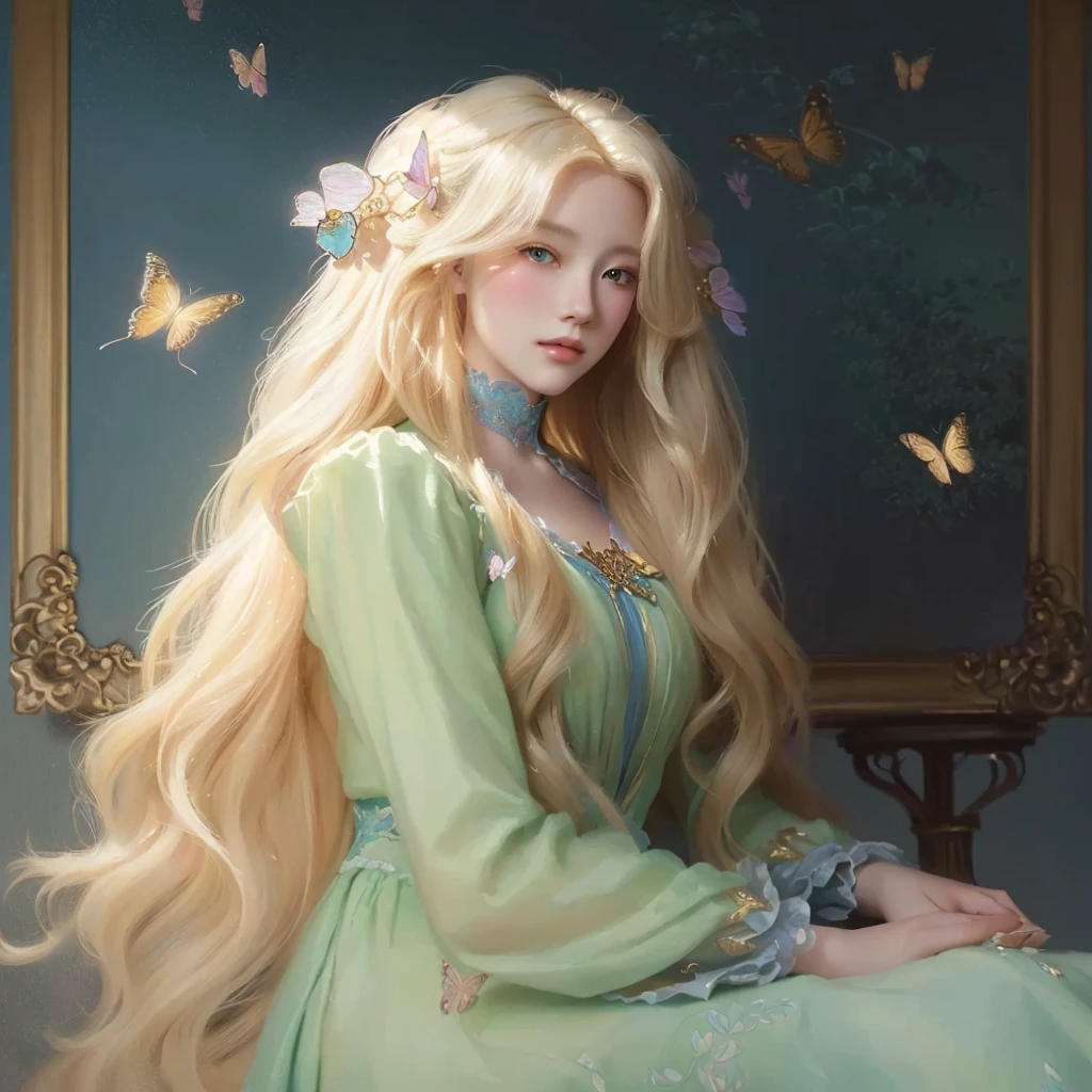 painting of a woman with long blonde hair and butterfly hair, beautiful character painting, in the art style of bowater, beautiful fantasy art portrait, blonde - haired princess, fantasy art style, artwork in the style of guweiz, beautiful fantasy art, exquisite digital illustration, elegant digital painting, by Yanjun Cheng, fantasy style art, beautiful fantasy maiden, fantasy victorian art