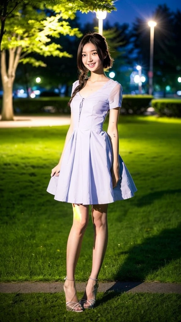 (Highest quality:1.5), (Real:1.4), (Ultra high definition:1.4), (No correction:1.4), (Skinny 18 year old girl), (1 Japanese very thin girl with flat chest in eighteen years old), (very thin body), skinny face, (Beautiful skin), (Ruffled Dress), High heels, (girl is wearing Ruffled Dress), (very thin girl is standing on the grass in the park at night), (18yo very thin girl is standing in the night park), (front view of a flat chest girl), (Night Park), (Upper Body), (smile), (Turn your body forward), (flat chest), (very thin)