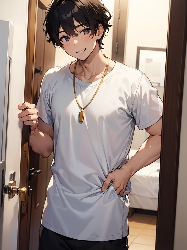 1 male、White T-shirtを着た、A man with short, curly hair opened the door to the apartment and came out.、Gold Necklace、Smiling、1 male、A man with black hair stands behind him、White T-shirt、Tag Chain