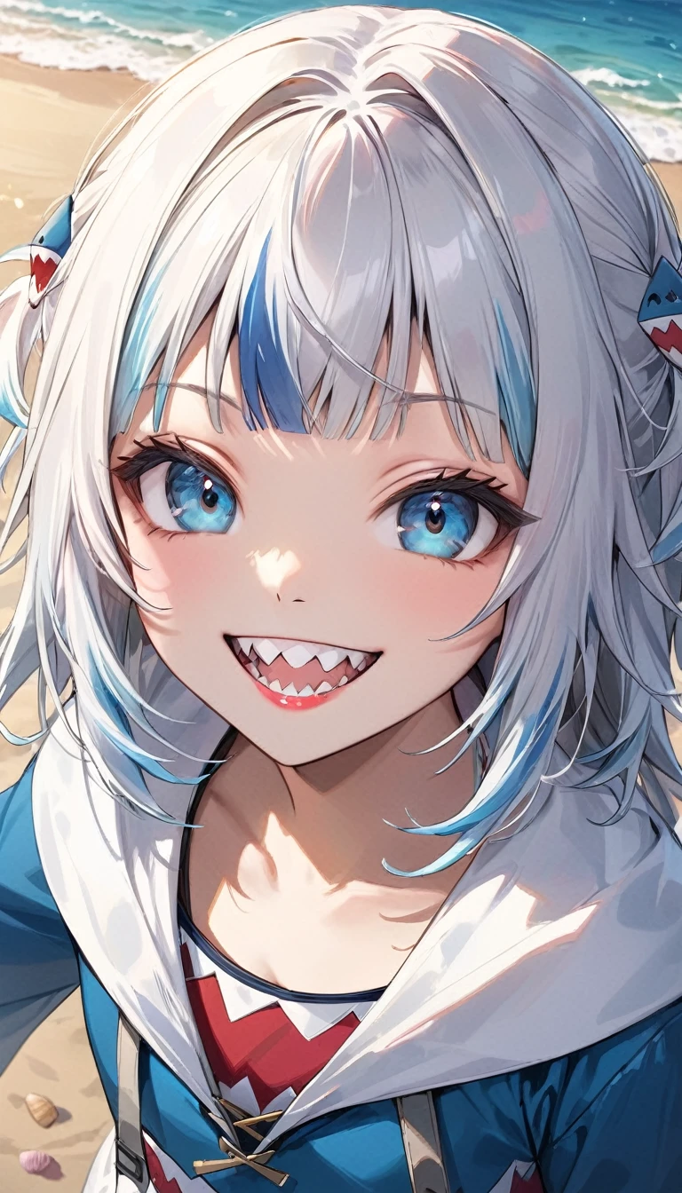 Gawr gura, costume, beautiful detailed eyes, beautiful detailed lips, extremely detailed eyes and face, sharp teeth, smile, grin, ultra-detailed