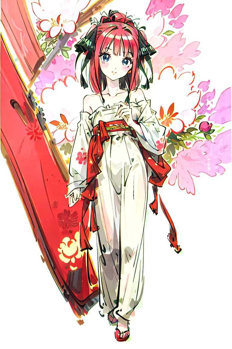 Best quality, masterpiece, ultra high res, (photorealistic:1.4), raw photo, 1girl, white dress, off shoulder, blossom flower field, glowing skin, light smile, nino nakano, pink red long hair, shoulder, blue eyes, hair ribbons, full body, among flowers, chinese princess, hair buns