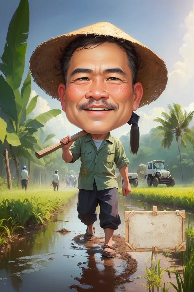 cartoon man walking in a muddy field with Bring a hoe,  With a wooden plank stuck in front of him, caricature illustration,sugarcane farmer, caricature style, japanesse farmer, cartoon portrait, caricature, cartoon digital painting, caricature!!!, south east asian with round face, cartoon artstyle, potrait, cartoon digital art, digital cartoon painting art, do hoang tuong artwork, big head