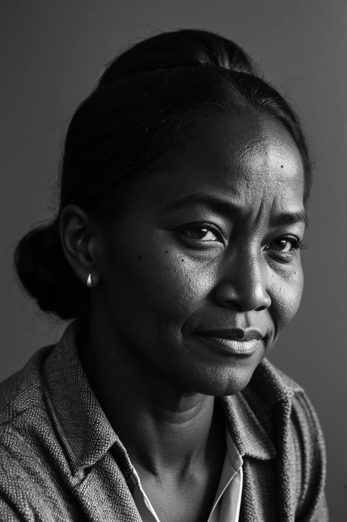 black and white photo, ancient style of lower class woman, 57 years, BROWN SKIN, muscular, round face and upturned nose with a mole on the left cheek in New York, dressed in the clothes that were worn in 1979. All with a very 90's style.