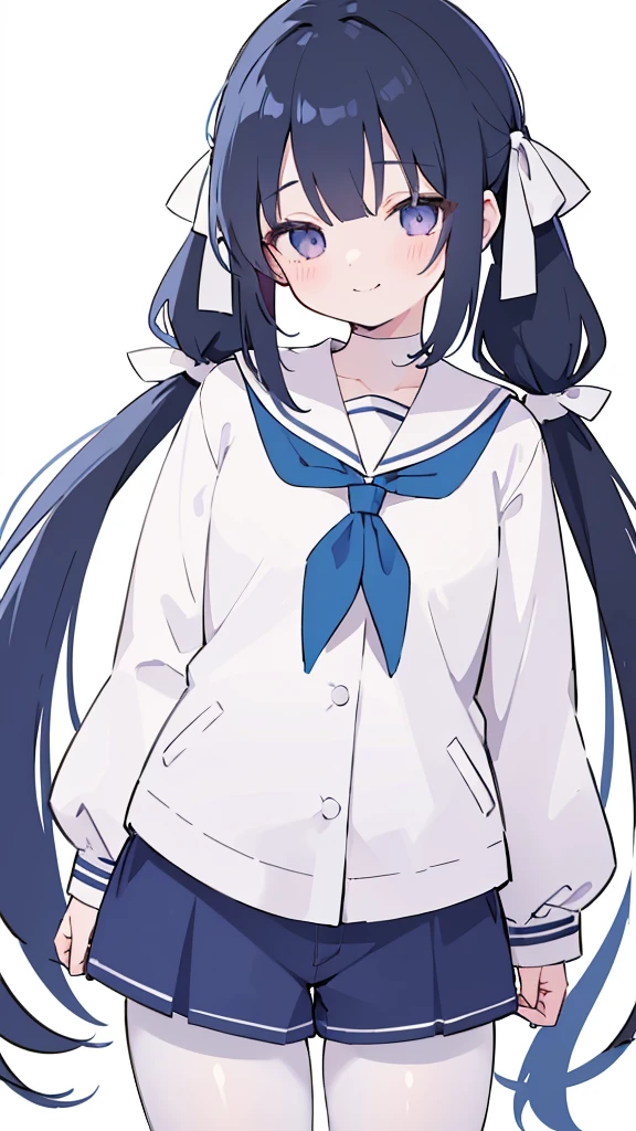 highres,ultra detailed,1girl,ponto nei,black hair,hair ribbon,hair ribbon,blue hair,grey eyes,low twintails,hair ornament,skin fang,sailor collar,neckerchief,white pantyhose,blue shorts,purple jacket,white background,smile,closed eyes,bent over, kawai