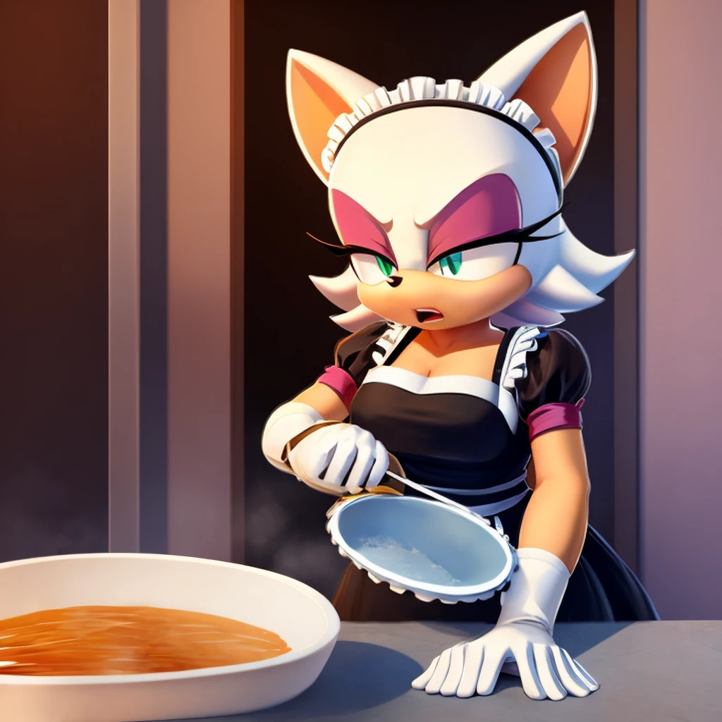 Rouge in a maid's outfit, she washes dishes angry