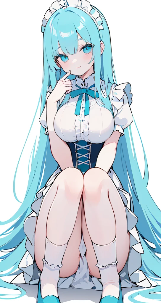 (long beautiful cyany hair) cyan eyes, (Eyes behind long bangs) big breasts, Sitting pose using accessories (using socks) perfect shiny beautiful cyan shoes (Wearing luxurious palace maid clothes Perfect perfect noble) Pose facing sideways (Girl1, straight hair not too long, bangs covering one eye, soft face, gentle smile) long hair, beautiful cyan eyes (Sitting pose, right hand down, left hand down, leaning pose, smile kawai, (blank white background) Wearing a blue corset, (Using a beautiful bright blue ribbon) Kawai shy cute eyes (cyan colored shoes must be shiny, Must wear short white socks)