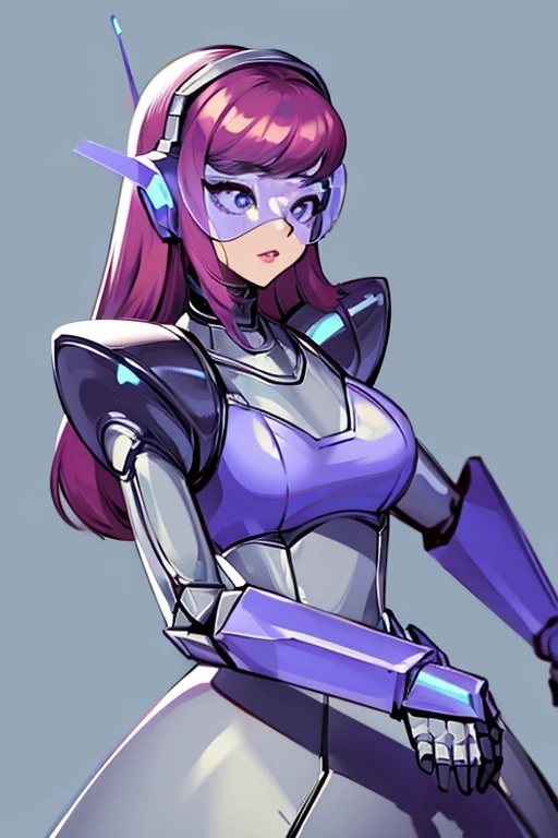 empty eyes,robotized woman ,big bust,Robot Joint ,metal skin,visor,dress,Android,robot suit