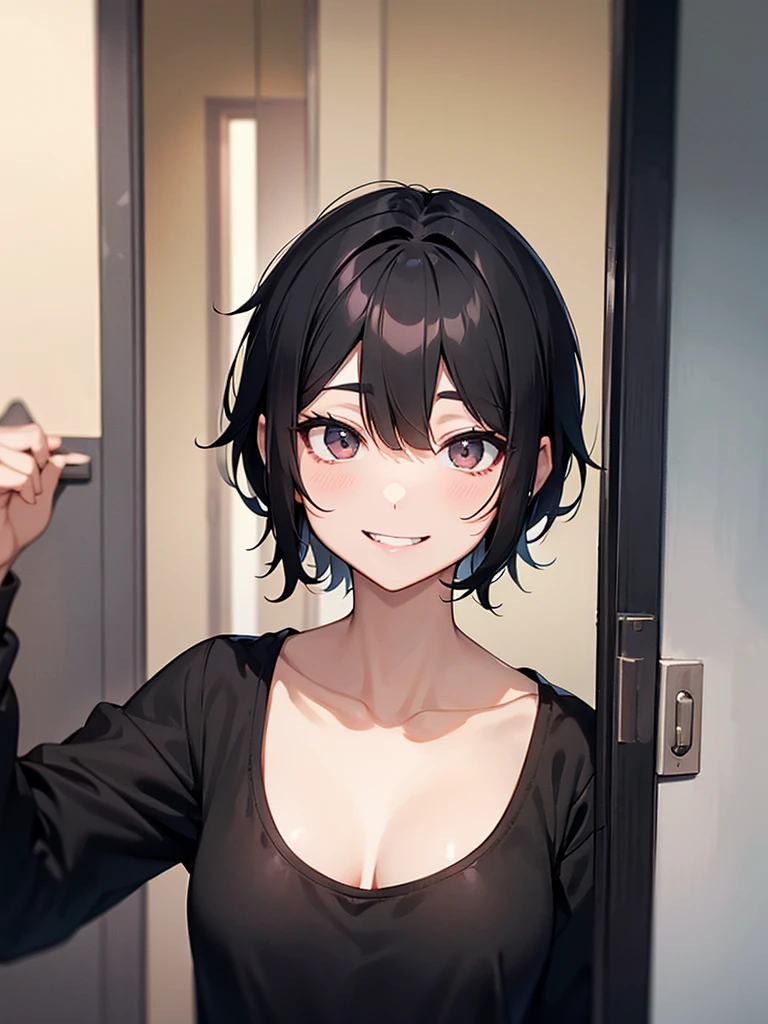 Short black hair wearing a black shirt:1.The third man opened the door to the apartment:1.I opened 3 and it came out、Toothy smile、There's a blonde guy standing behind him.、White shirt