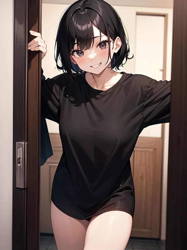 Short black hair wearing a black shirt:1.The third man opened the door to the apartment:1.I opened 3 and it came out、Toothy smile、There's a blonde guy standing behind him.、White shirt