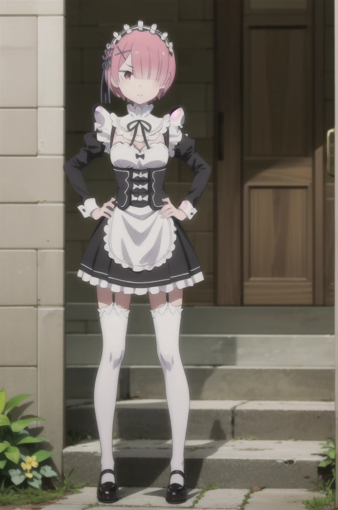 (((pixel-perfect, detail-perfect))), solo, 1girl,  ram, roswaal mansion maid uniform, maid headdress, looking at viewer, closed mouth, full body, standing, hand on hip