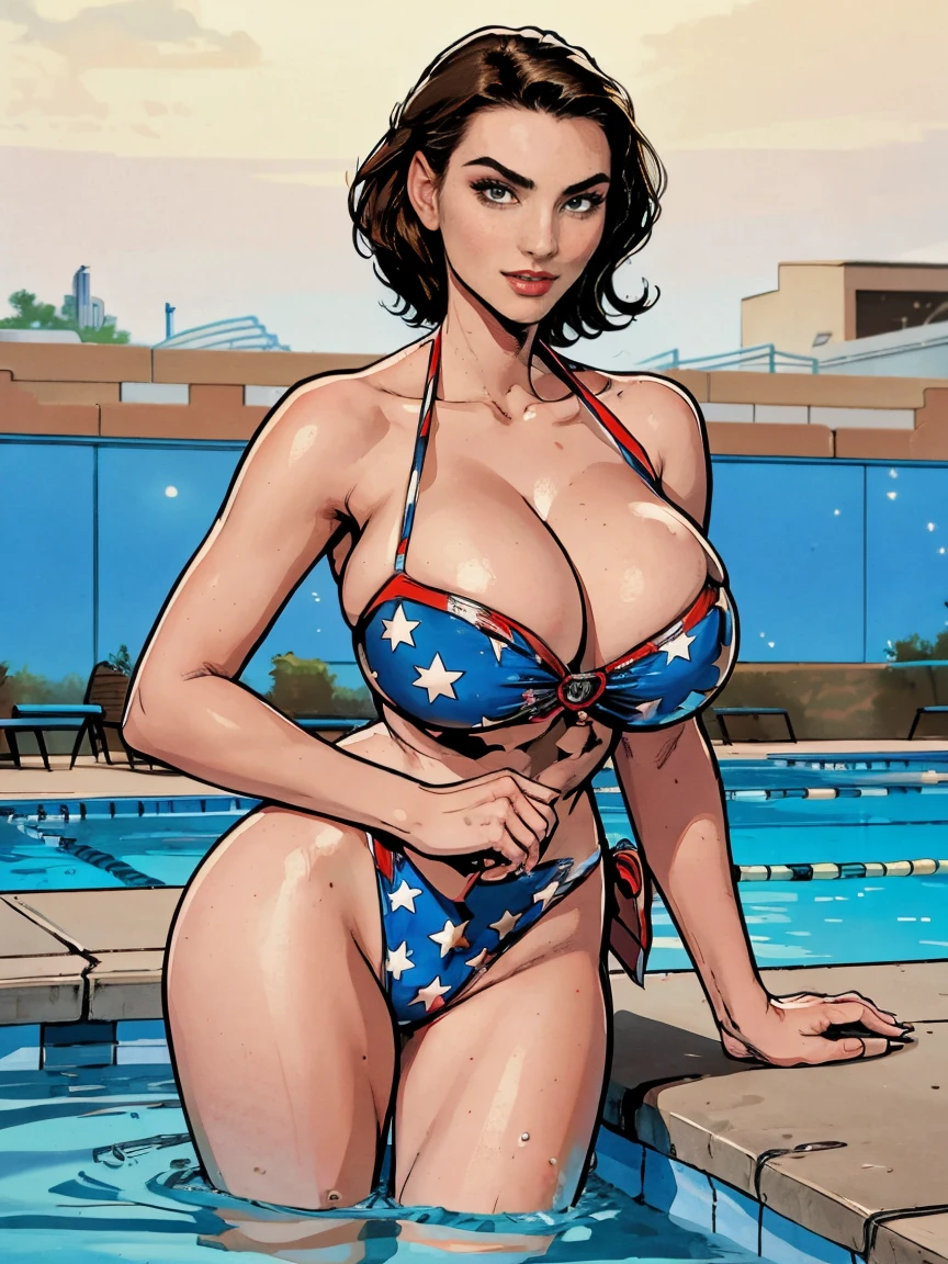 Gorgeous and sultry busty athletic (thin) brunette (smirking) with sharp facial features and a ((long), slicked-back hair) and (huge , long legs) wearing a star-spangled American flag print bikini, Americana, swimming pool.