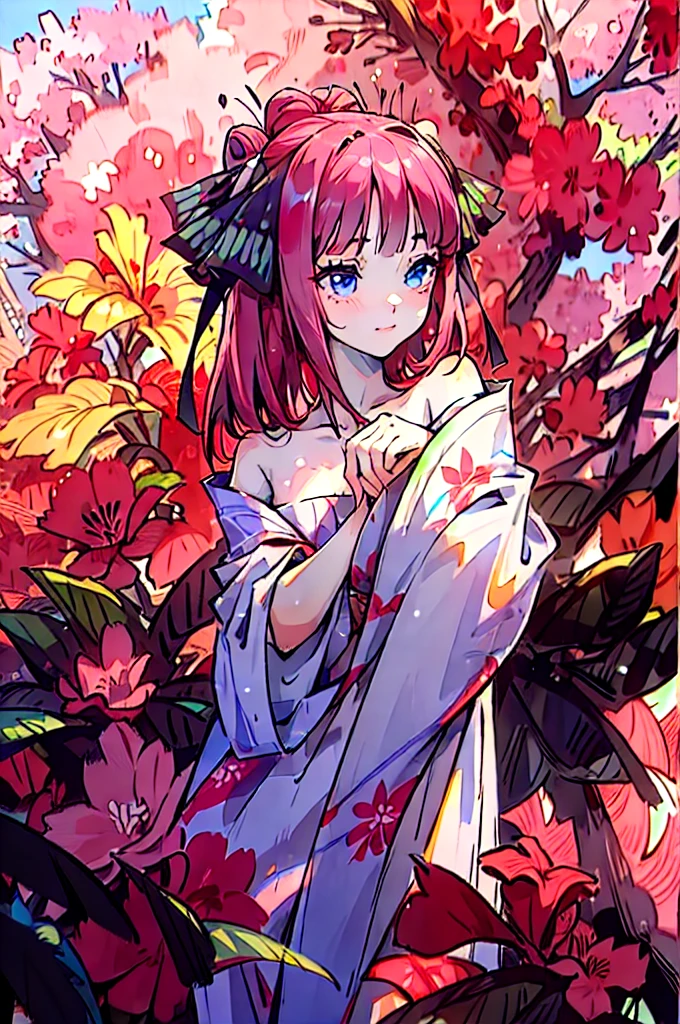 Best quality, masterpiece, ultra high res, (photorealistic:1.4), raw photo, 1girl, white dress, off shoulder, blossom flower field, glowing skin, light smile, nino nakano, pink red long hair, shoulder, blue eyes, hair ribbons, full body, among flowers, chinese princess, hair buns