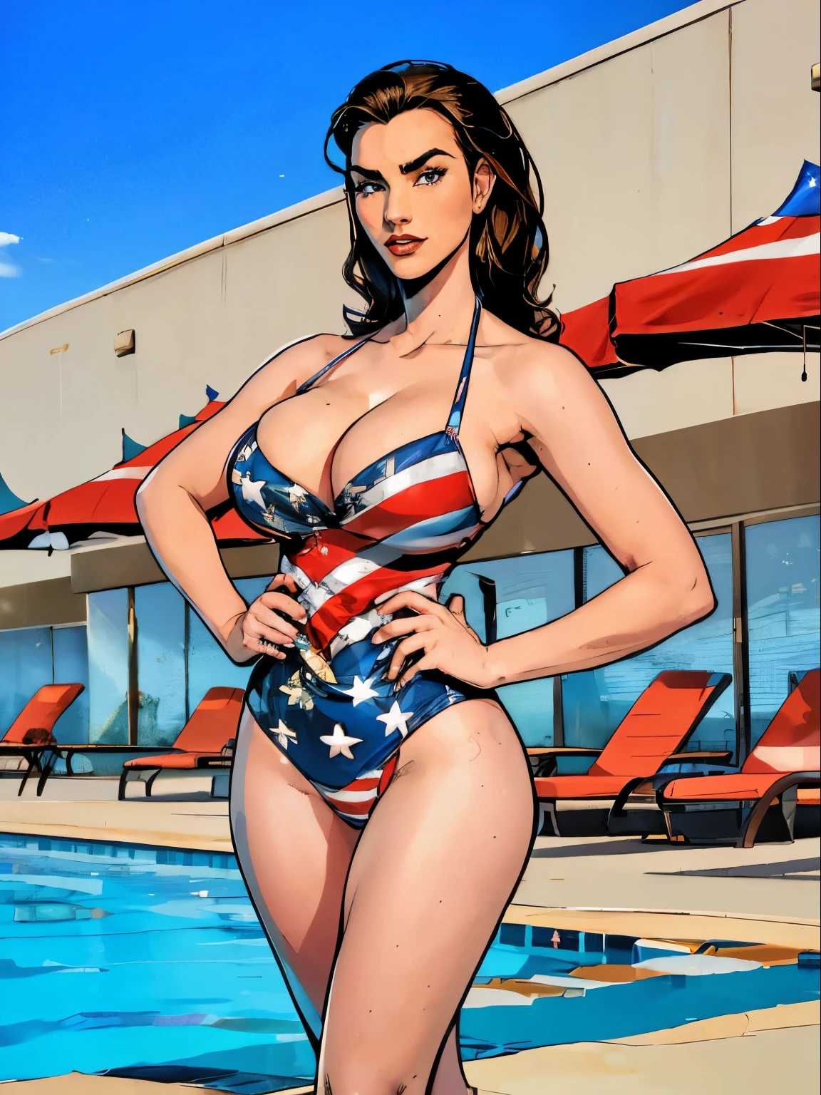 Gorgeous and sultry busty athletic (thin) brunette (smirking) with sharp facial features and a ((long), slicked-back hair) and (huge , long legs) wearing a star-spangled American flag print bikini, Americana, swimming pool.