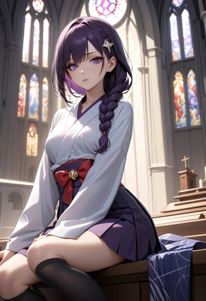 masterpiece, best quality, young woman, dark purple hair, very long single braid, bright purple eyes, white shirt with long sleeves reminiscent of a kimono, thin red bow under collar ,diamond-shaped pin in front of the bow, black high-waisted pleated skirt, dark purple high socks, siting, church, expressionless, seductive pose