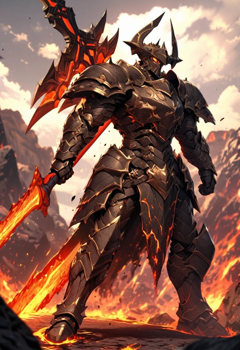 extremely detailed human warrior wearing a set of dark stone armor lined with lava wielding 2 handed greatsword weapon made of lava & earth