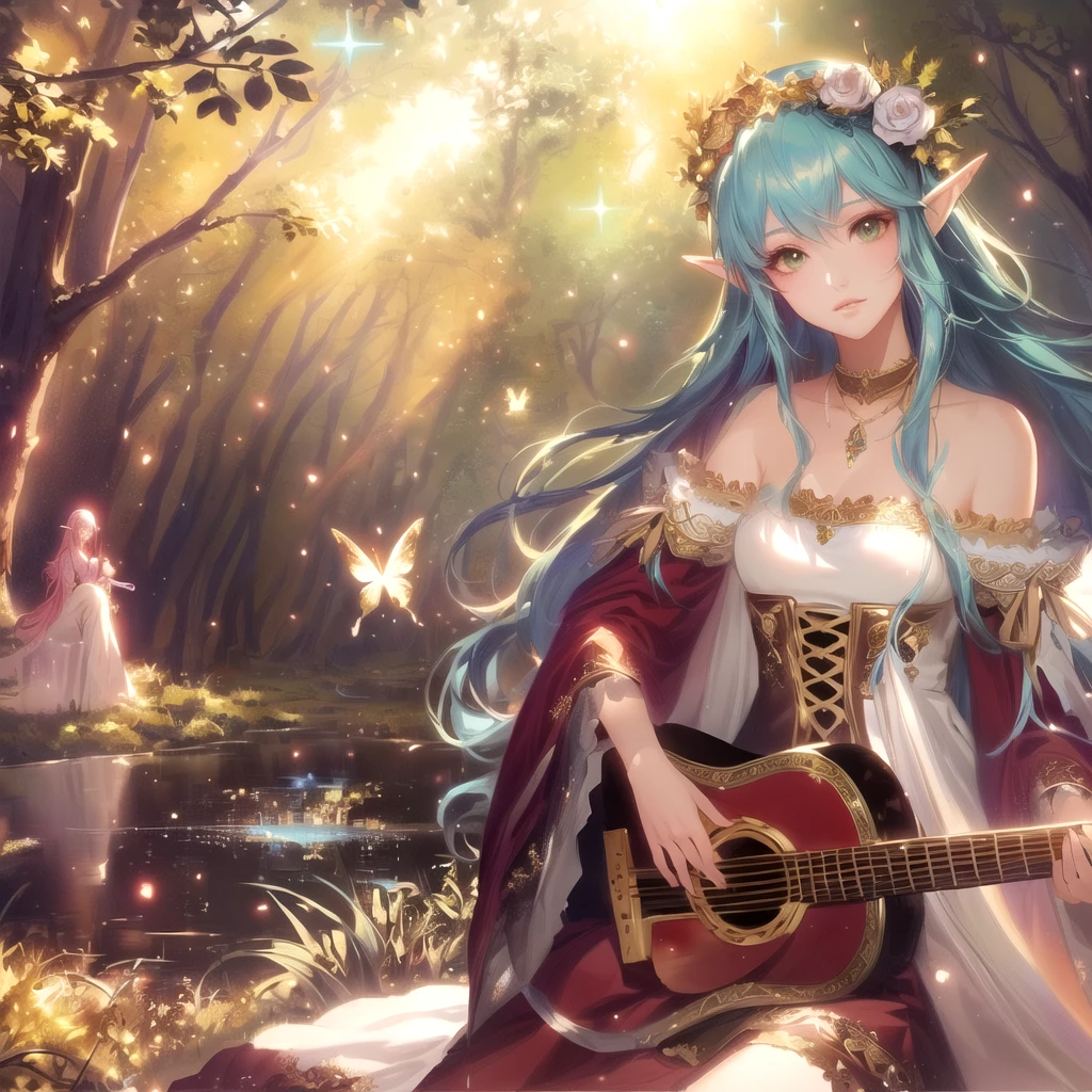 high quality、There is a woman sitting in the woods with a guitar., Beautiful fantasy anime, Beautiful fantasy art, Fantasy art style, Elven bard of the forest playing the lute, Anime fantasy artwork, very Beautiful fantasy art, 2. 5 d cgi Anime fantasy artwork, Anime fantasy illustration, Beautiful fantasy maiden, epic Fantasy art style hd, Beautifully detailed fantasy, Fantasy Beautiful, Beautiful digital art