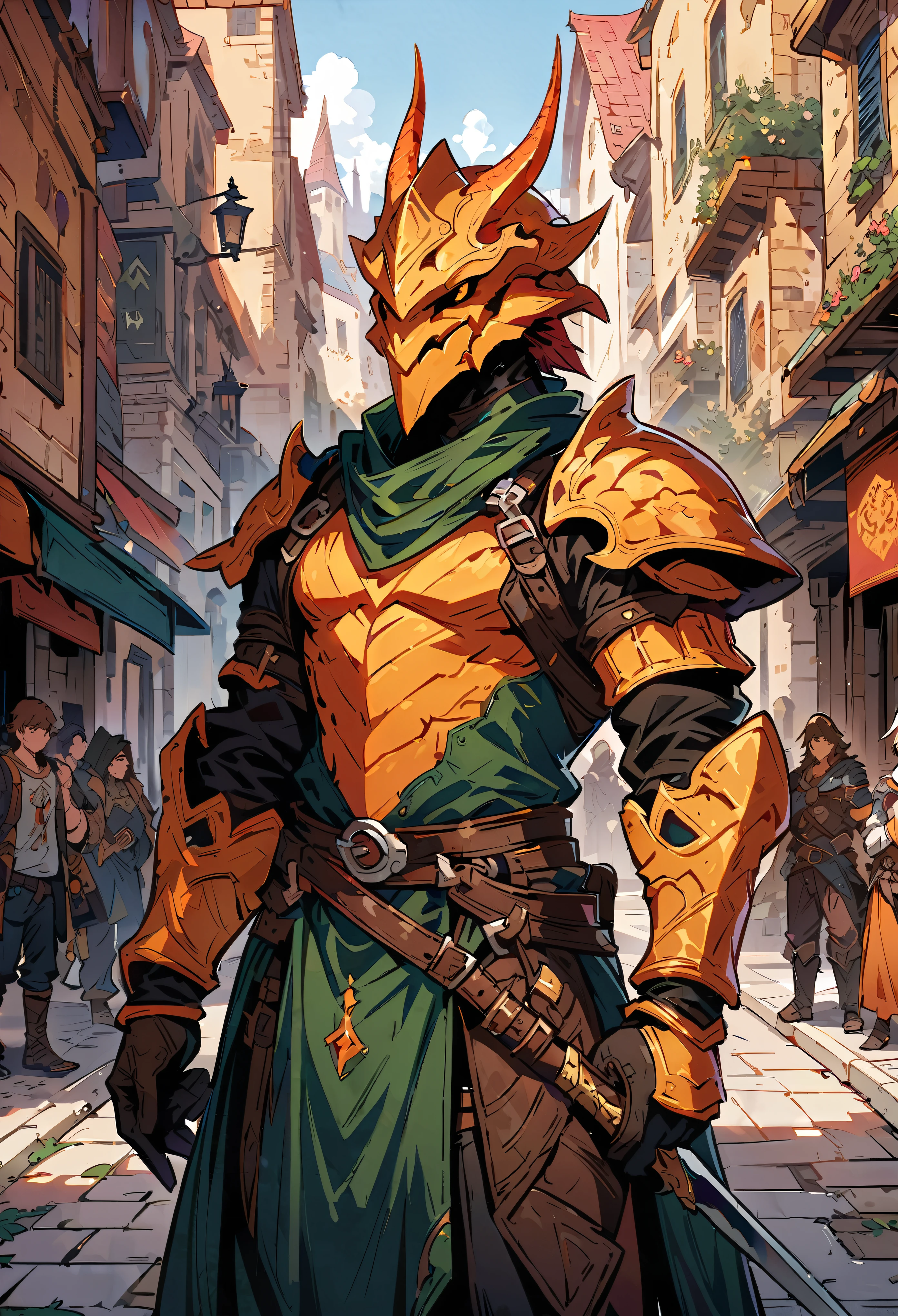 DnD character art, fantasy warrior with dragon head helmet and orange scales holding sword in hand standing on city street, green , black leather gloves, high details, in the style of fantasy.