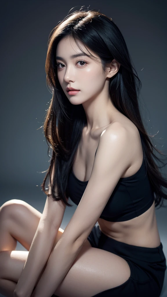 Quiet,Light makeup,Sexy,Peerless Beauty,Intellectual,clavicle,Neat long hair,Black Hair,Delicate face,Exquisite facial features,Natural expression,Natural eyes,sexy blue sports shorts