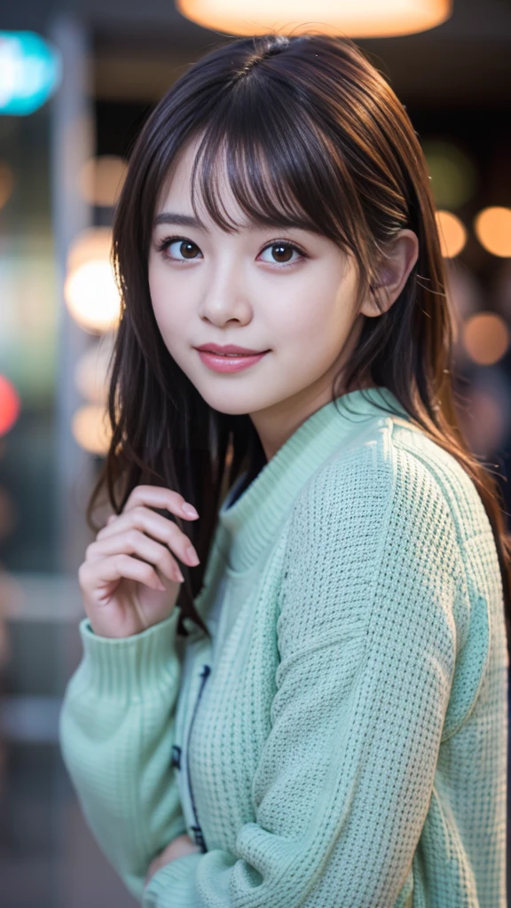  (8K, RAW Photos, Highest quality, masterpiece:1.3), (Realistic, photo-Realistic:1.4), (Highly detailed 8K wallpaper), Sharp focus, Written boundary depth, extreme close-up shot, face focus, Japanese Idols,very cute,(),sweater, Look at us and laugh, Upper Body, Highly detailed face and eyes,((Shiny skin:1.2)), Cinema Lighting, Soft Light, Blur the background, Bokeh,(In town, Modern, stylish, Glass Wall, Open space:1.2)
