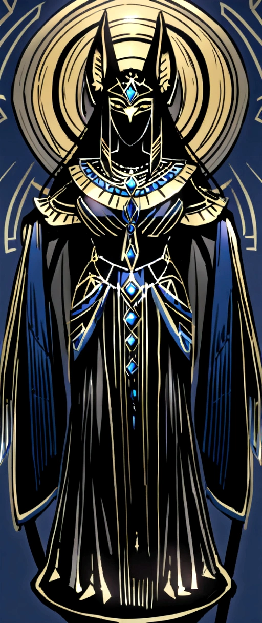 Create an extravagant full-body portrayal of Anubis halloween costume style, emphasizing the "Anubis" theme. The design should feature dark elements, como negro, staff, and Egyptian details, presenting an elegant and complex style. Use a black color palette, doradas, and blue tones, to capture the unique Egyptian and dark aesthetic. The design must be attractive, with the Anubis centered in the image against a branco background. It must fit well in the space, ensuring that it does not touch the edges of the screen. No text should be included in the image.