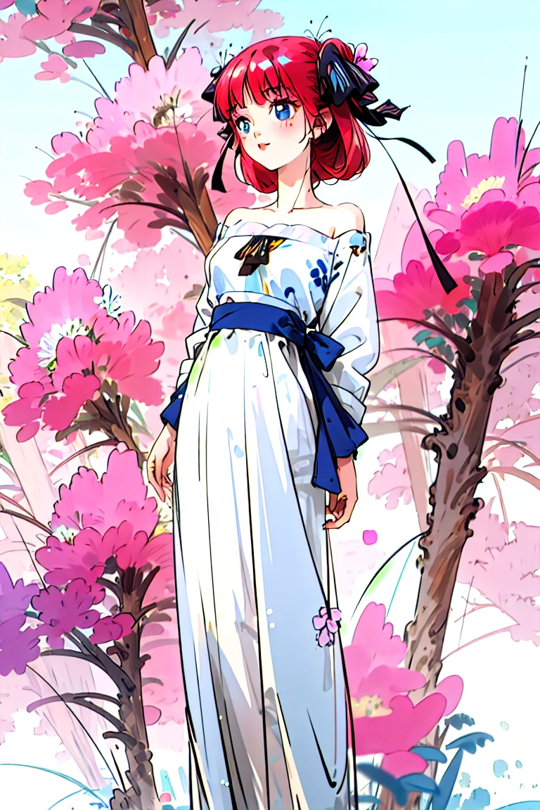 Best quality, masterpiece, ultra high res, (photorealistic:1.4), raw photo, 1girl, white dress, off shoulder, blossom flower field, glowing skin, light smile, nino nakano, pink red long hair, shoulder, blue eyes, hair ribbons, full body, among flowers, chinese princess, hair buns